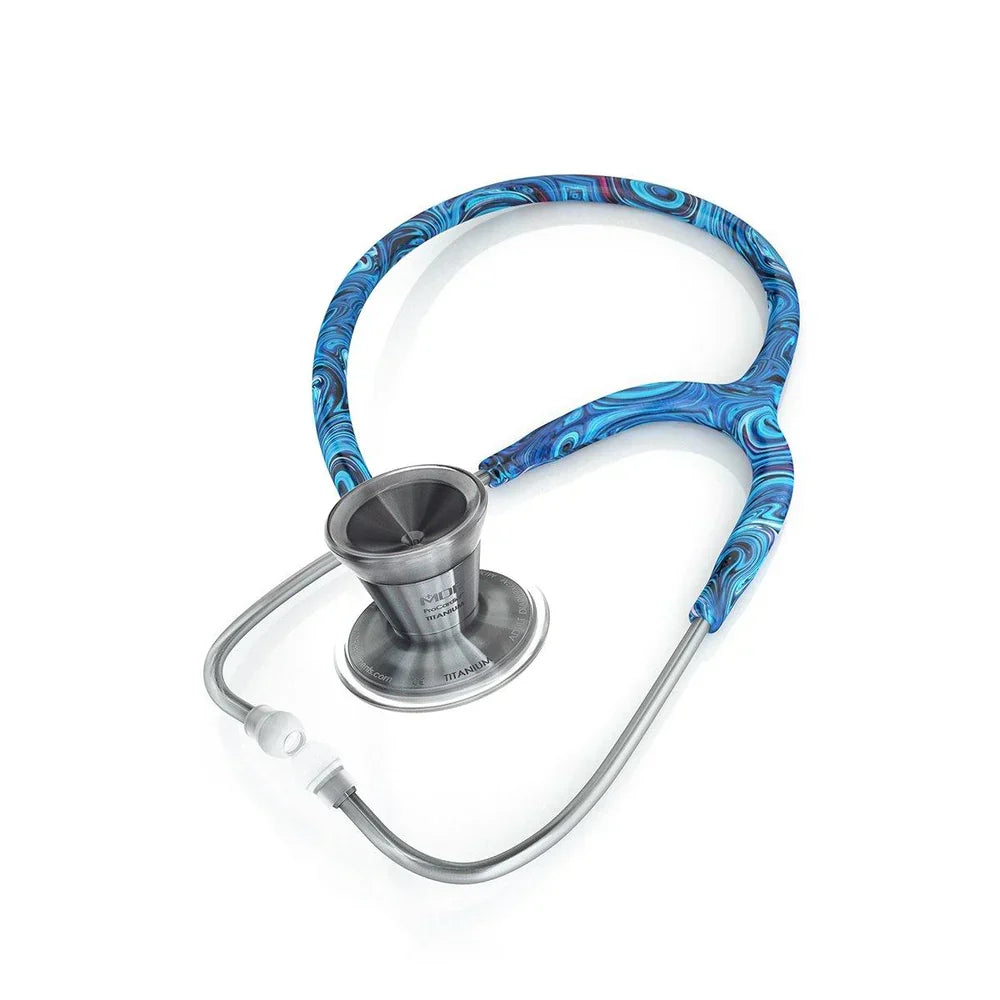 MDF Instruments ProCardial Titanium adult cardiology stethoscope with Starry Night and Metalika finish, shown with included case.