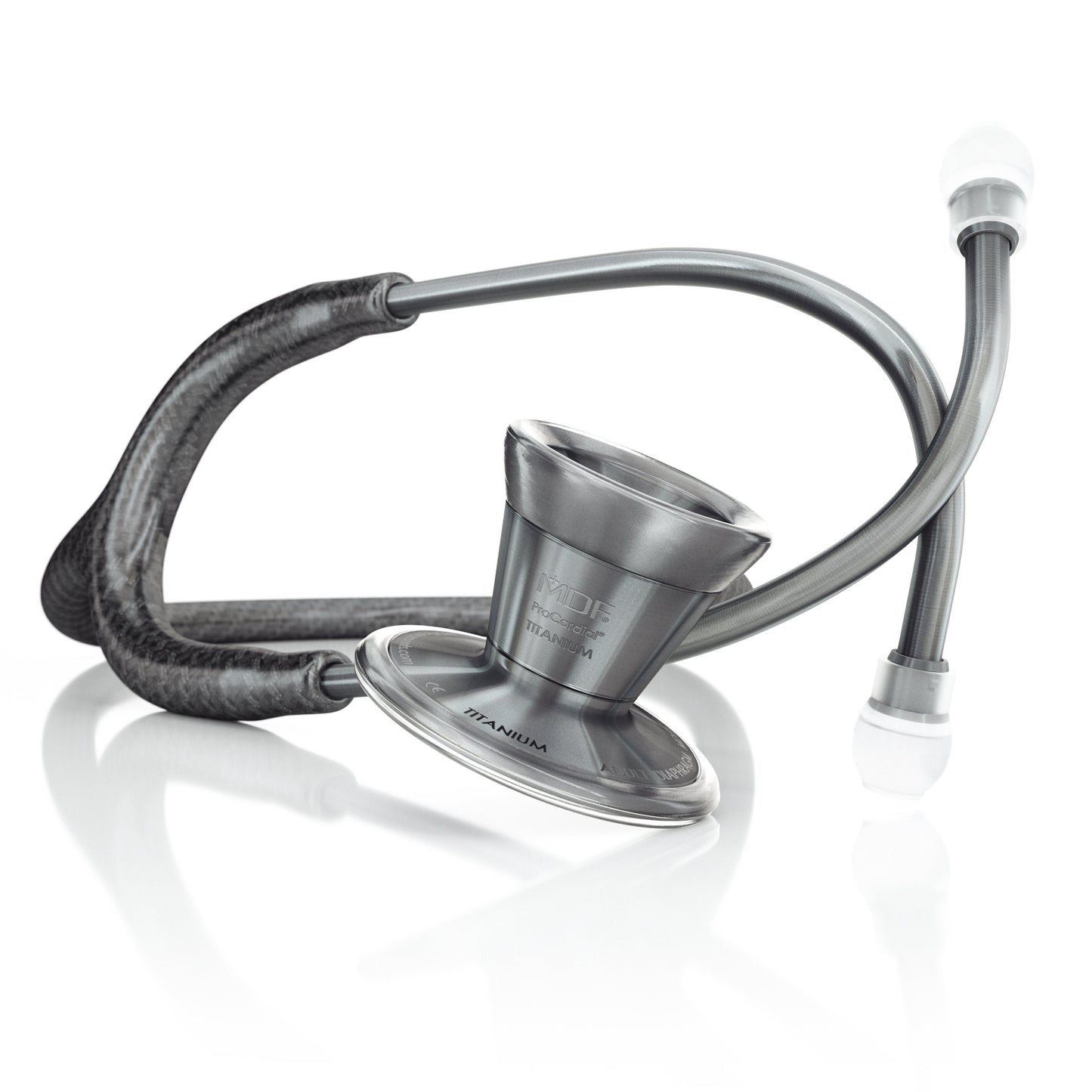 ProCardial Titanium adult cardiology stethoscope by MDF Instruments with metal finish, featuring dual-head chestpiece and adjustable earpieces.
