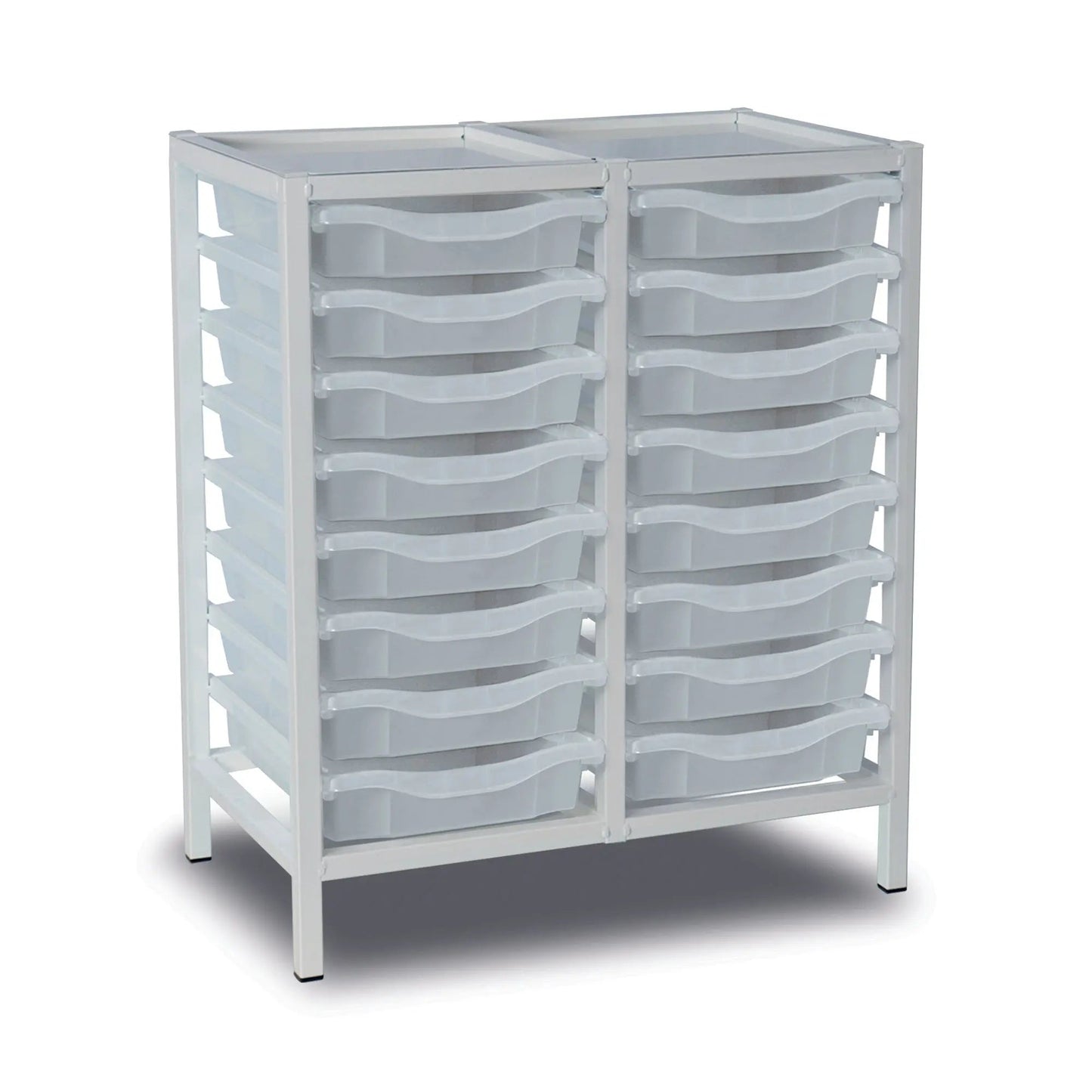 Metal storage trolley with 16 transparent trays, double column design, white frame, and sturdy metal construction.