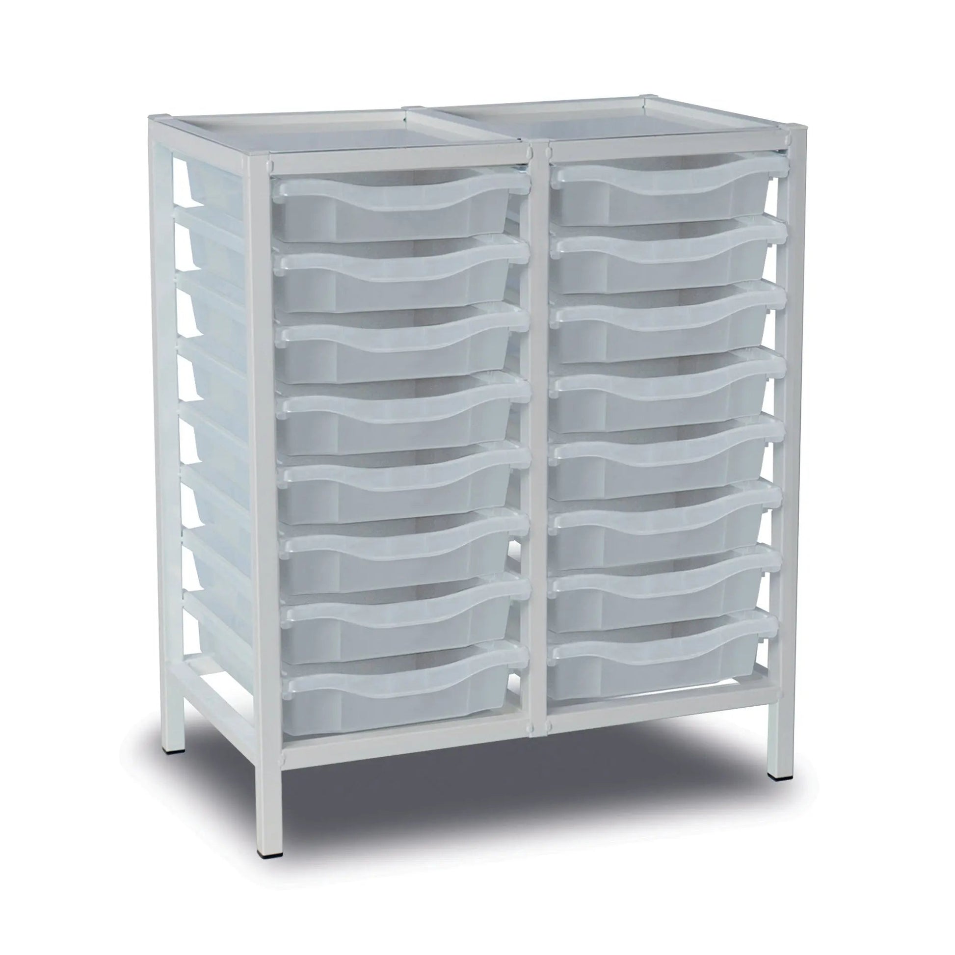 Metal storage trolley with 16 transparent trays, double column design, white frame, and sturdy metal construction.