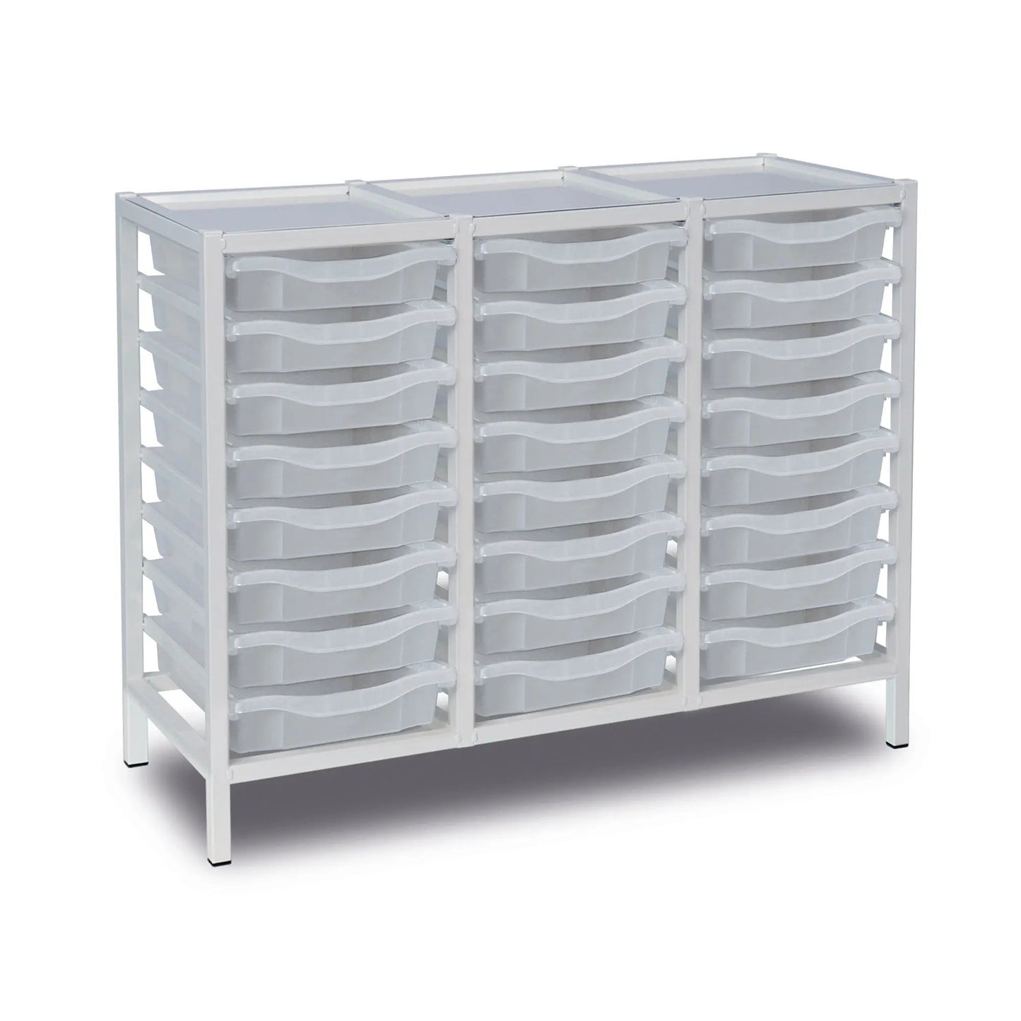 Metal storage trolley with three columns of transparent trays, 24 compartments, sturdy frame, and wheels for easy mobility.
