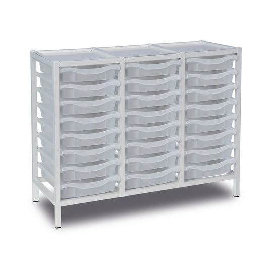 Metal storage trolley with three columns of transparent trays, 24 compartments, sturdy frame, and wheels for easy mobility.