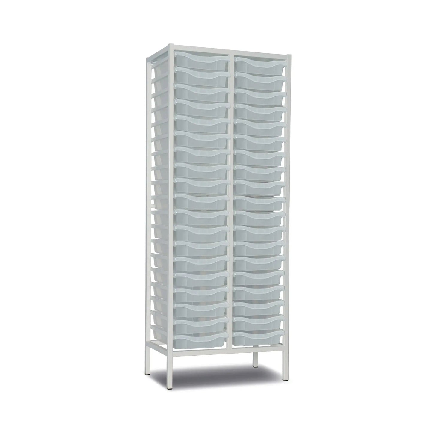 Tall metal storage trolley with 38 transparent trays, double column design, white finish, 1820mm height, by Monarch Furniture.