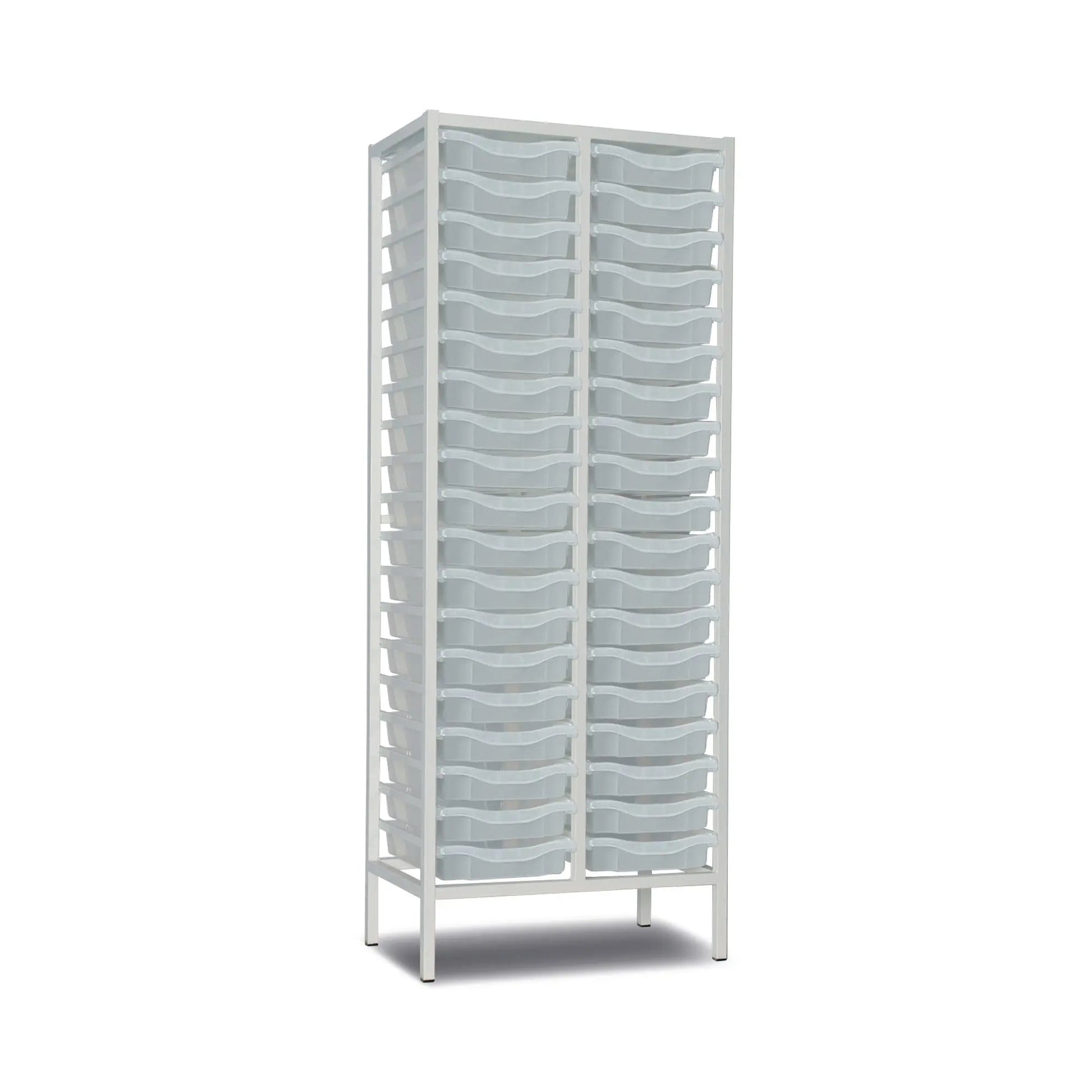 Tall metal storage trolley with 38 transparent trays, double column design, white finish, 1820mm height, by Monarch Furniture.