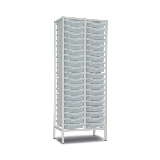 Tall metal storage trolley with 38 transparent trays, double column design, white finish, 1820mm height, by Monarch Furniture.