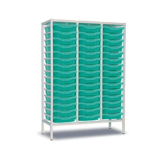 Triple column medical storage trolley with green plastic trays and white metal frame