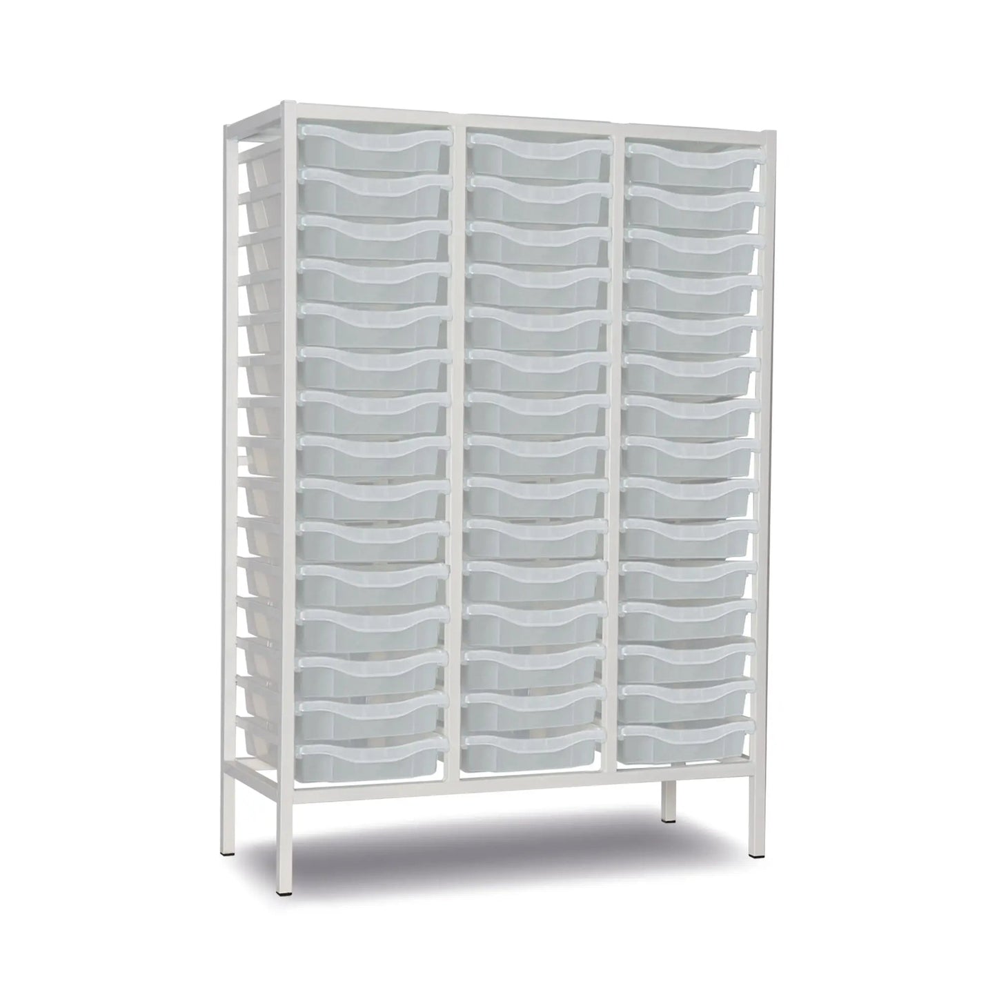 White metal medical storage unit with multiple transparent plastic drawers