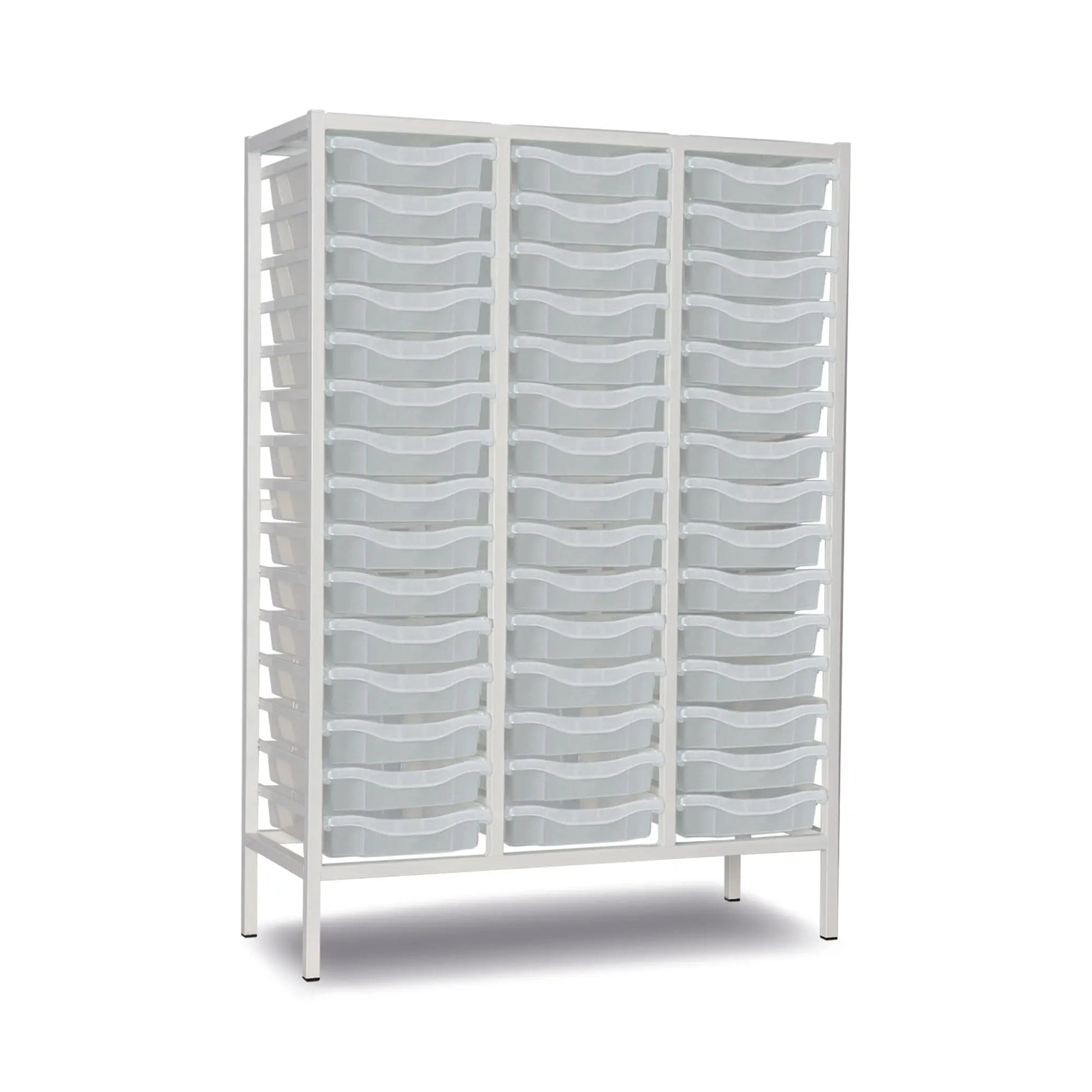 White metal medical storage unit with multiple transparent plastic drawers