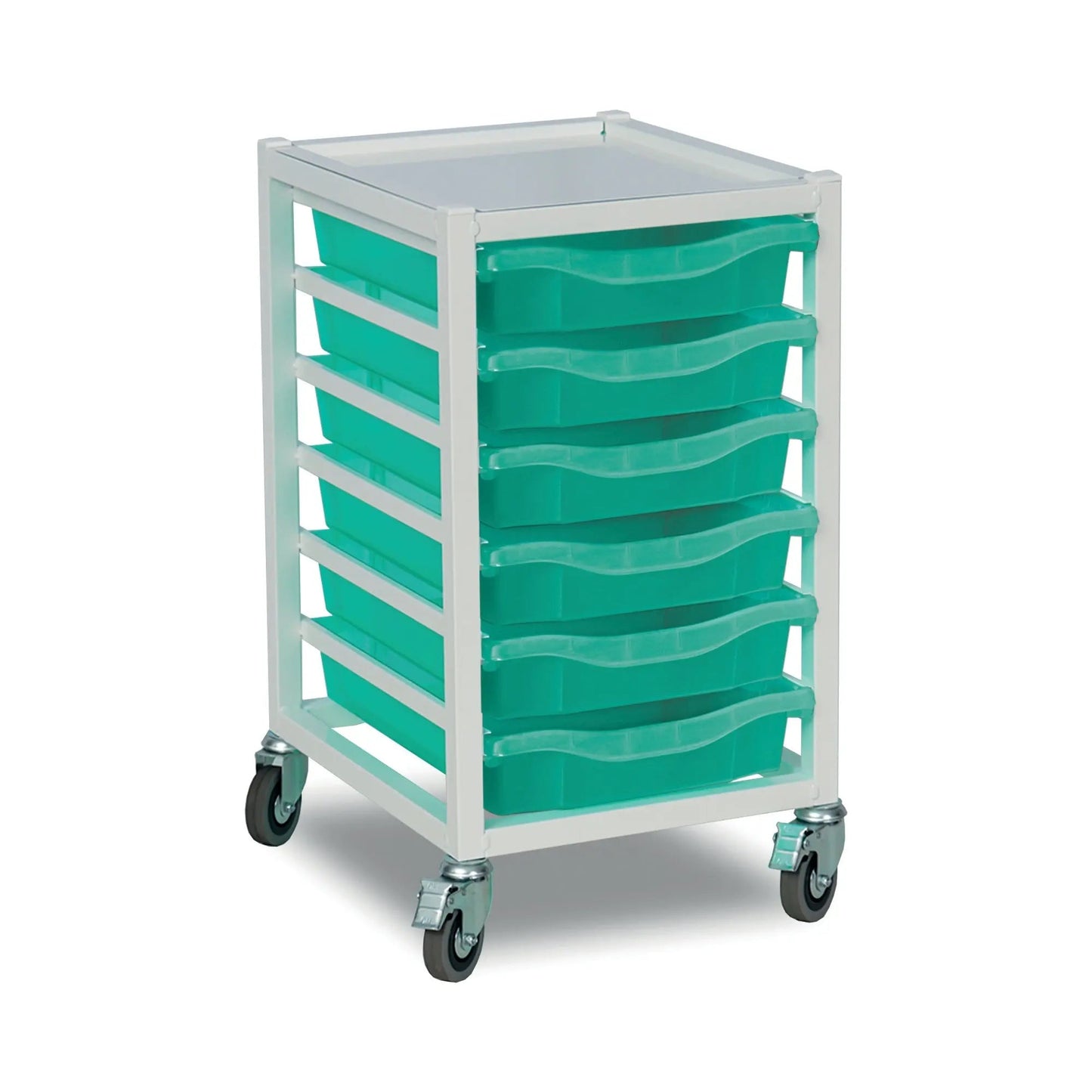 Medical storage trolley with five aqua plastic drawers and lockable caster wheels