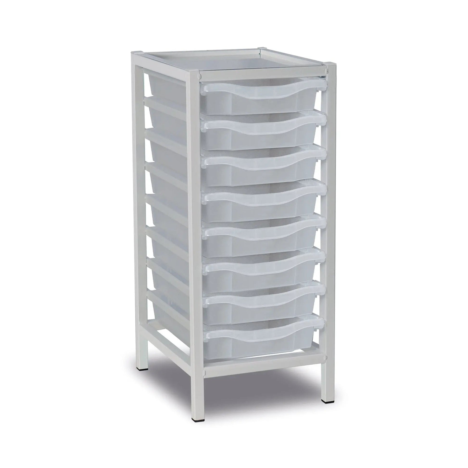 White medical storage trolley with seven transparent pull-out trays