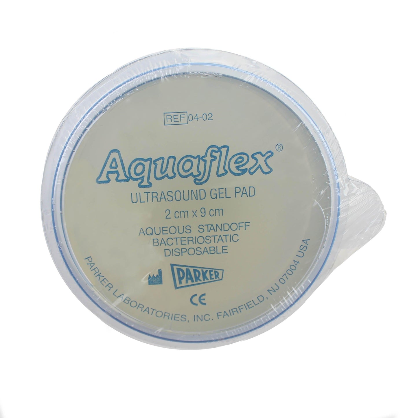 Aquaflex ultrasound gel pad by Parker Laboratories, 2cm x 9cm, shown in a close-up image.