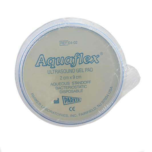 Aquaflex ultrasound gel pad by Parker Laboratories, 2cm x 9cm, shown in a close-up image.