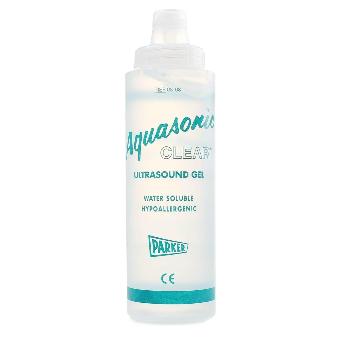 Aquasonic Clear ultrasound transmission gel in a 0.25 litre dispenser from Parker Laboratories, with a transparent gel and dispenser nozzle.