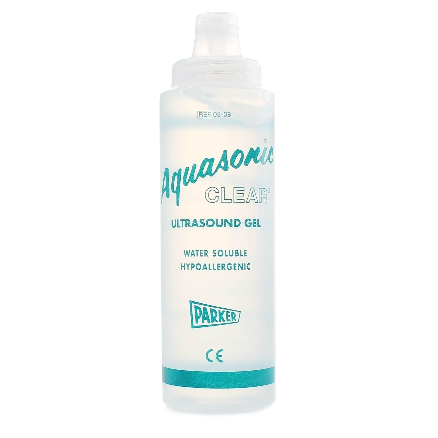 Aquasonic Clear ultrasound transmission gel in a 0.25 litre dispenser from Parker Laboratories, with a transparent gel and dispenser nozzle.