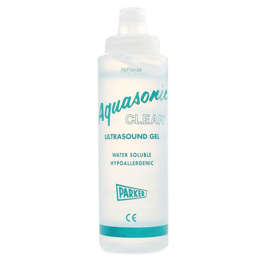 Aquasonic Clear ultrasound transmission gel in a 0.25 litre dispenser from Parker Laboratories, with a transparent gel and dispenser nozzle.