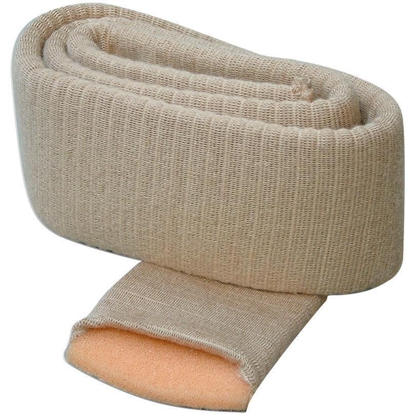 Small tan Podopro tubular padding, 6cm x 90cm roll, shown laid out flat for foot or toe cushioning.