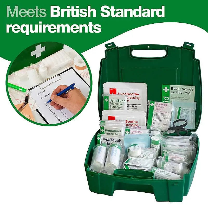 British Standard compliant first aid kit with bandages, dressings, and medical supplies