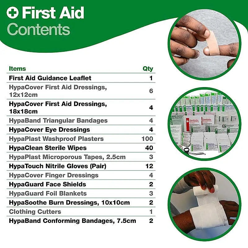 First aid kit contents list with images of dressings, plasters, gloves, and bandage application