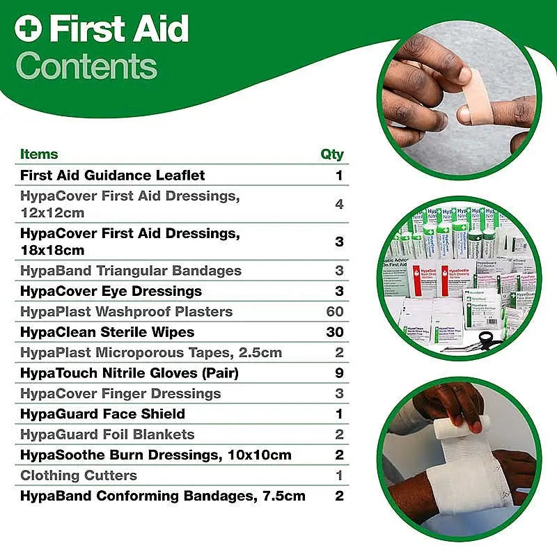 First aid kit contents list with images of applying plaster and wrapping bandage, various medical supplies.