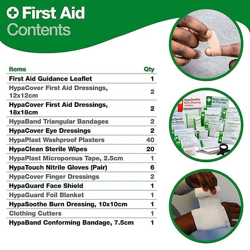 First aid kit contents list with medical supplies, including bandages and plasters.