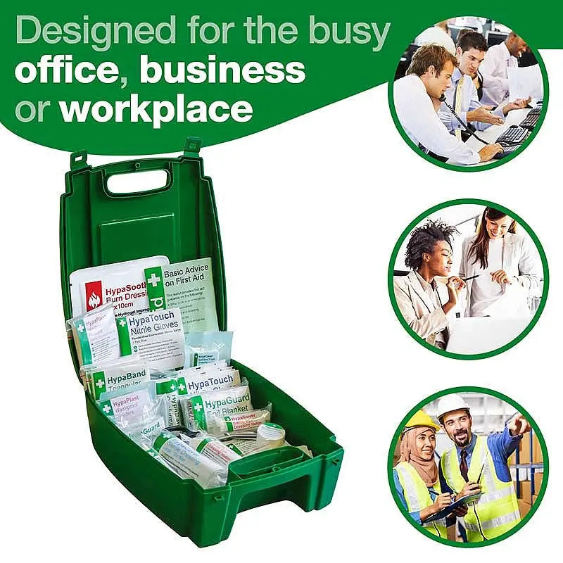 Green first aid kit with assorted medical supplies, suitable for office or workplace safety.