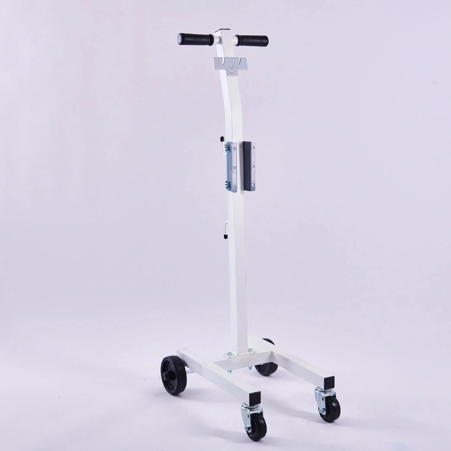White medical equipment bracket with wheels and handles for Hyfrecator or evacuation units