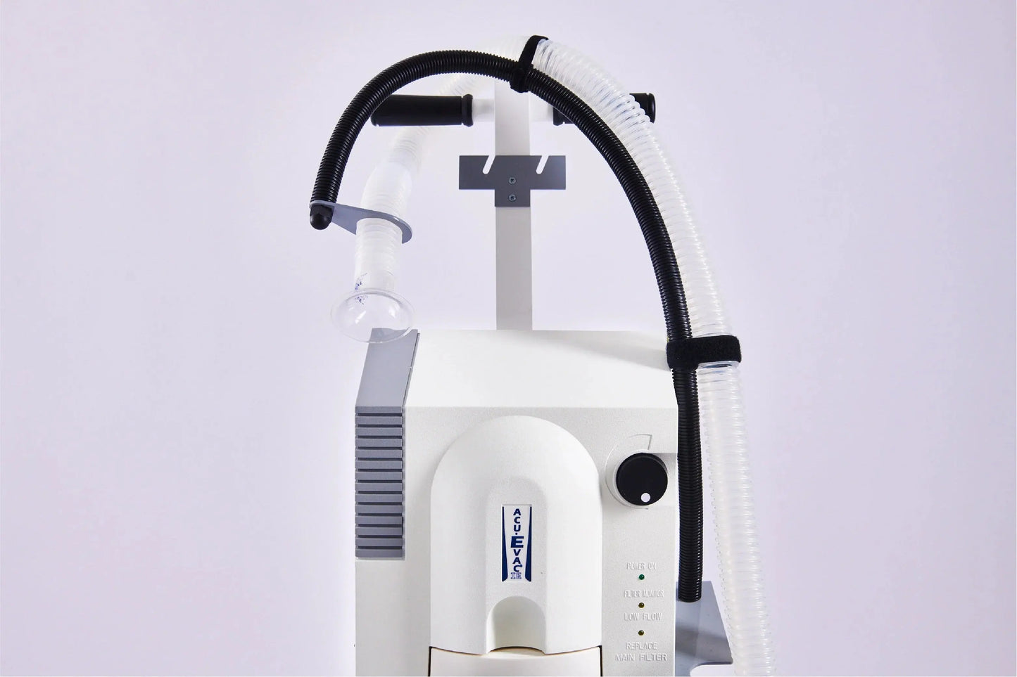 Acu-Evac Hyfrecator bracket with attached medical evacuation hose on a white background