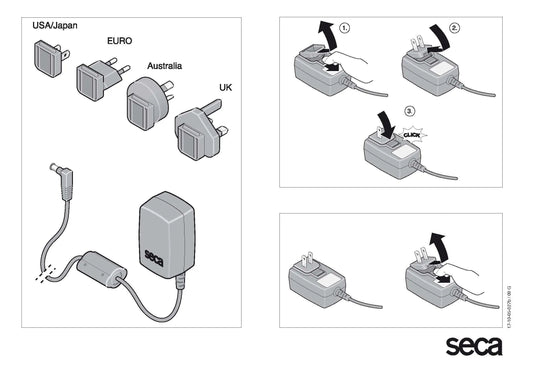 Universal power adapter with interchangeable plugs for USA, Europe, Australia, and UK, assembly instructions included.