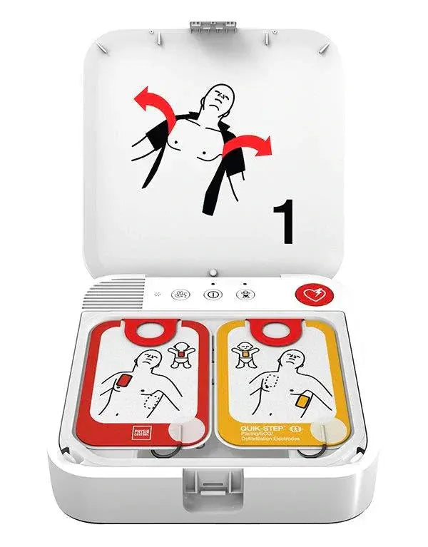 Automated external defibrillator with open lid showing electrode pads and usage instructions