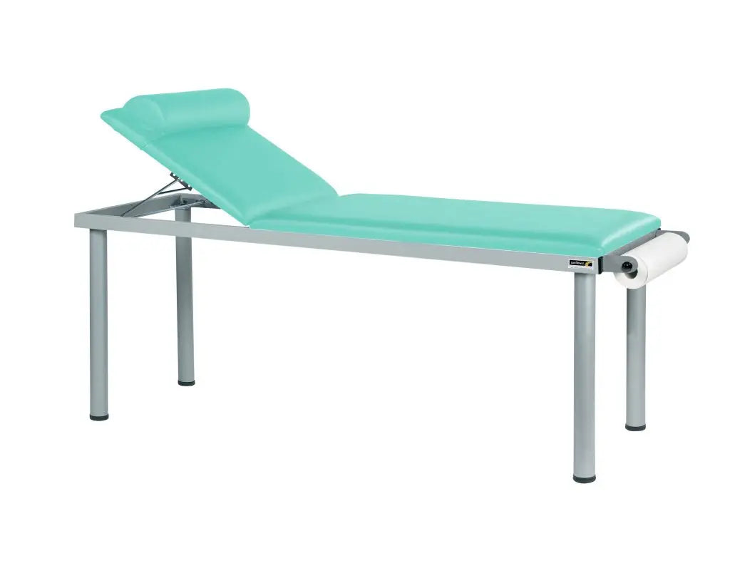 Practitioner Deluxe Examination Couch by Sunflower with cushioned surface and adjustable headrest for medical exams.
