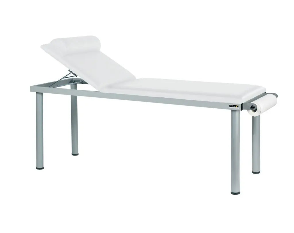 Sunflower Practitioner Deluxe Examination Couch in snow white with adjustable headrest and padded surface for medical examinations.