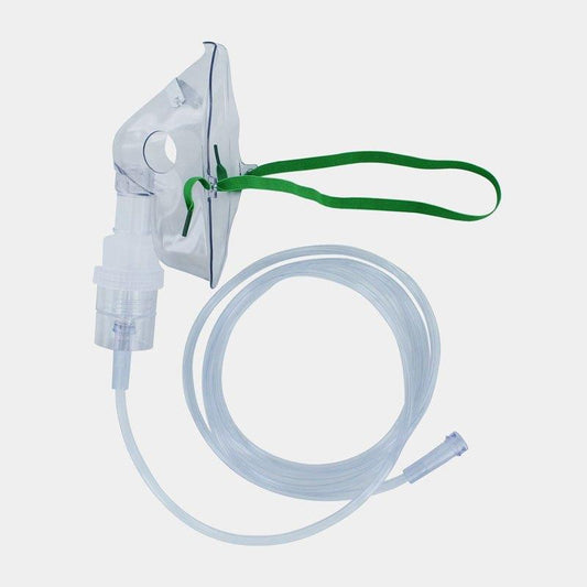 Adult nebuliser set with mask from Timesco, featuring a clear mask and nebuliser components in a box for respiratory therapy.