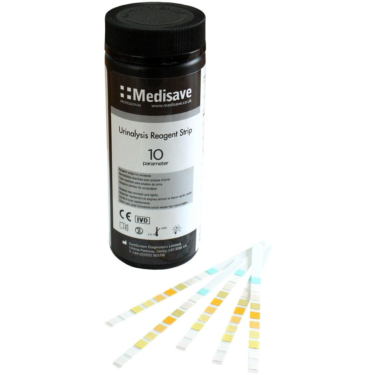 Vena Cava 10-parameter urinalysis reagent urine test strips, 100-count, shown with strips and color chart for health testing
