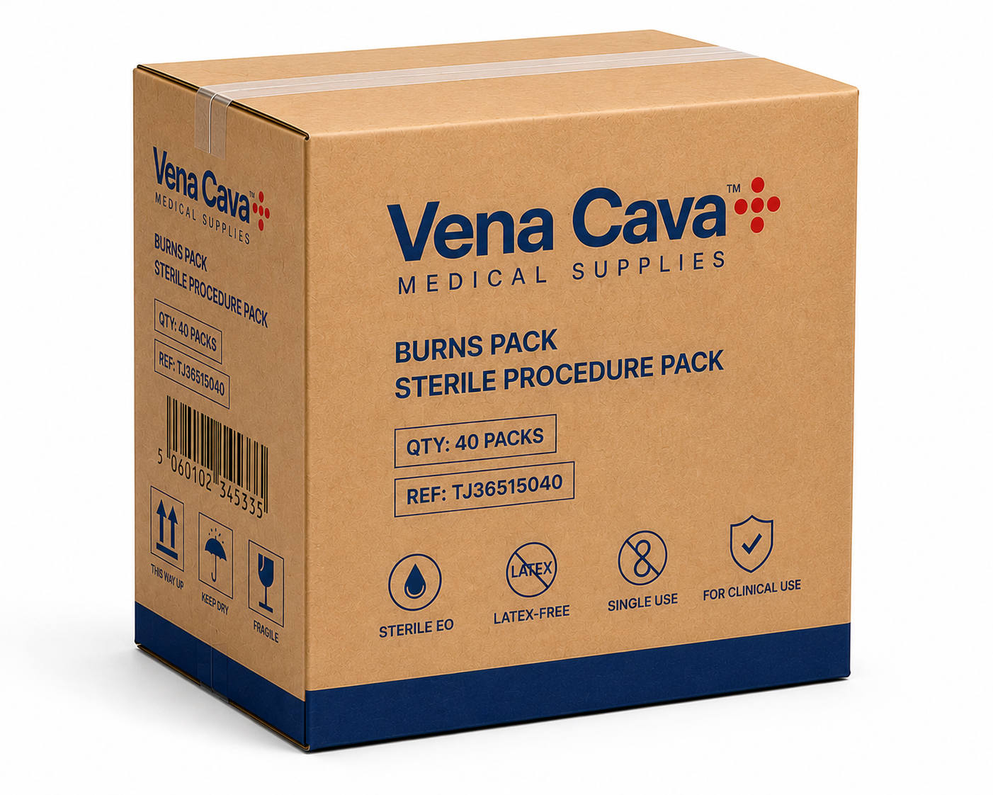 Vena Cava Burns Pack sterile latex-free wound care and dressing pack containing 40 sterile wound dressings and supplies.
