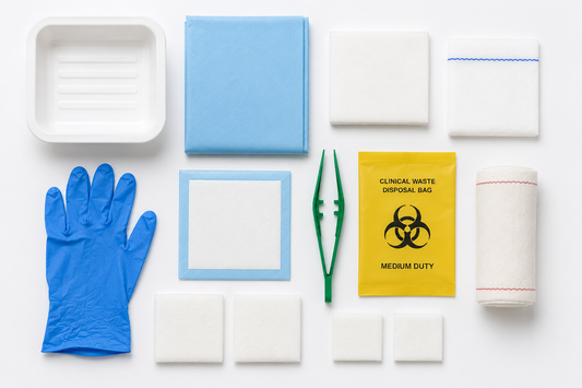 Sterile latex-free wound dressing pack with forceps from Vena Cava, includes sterile dressing supplies for wound care procedures.