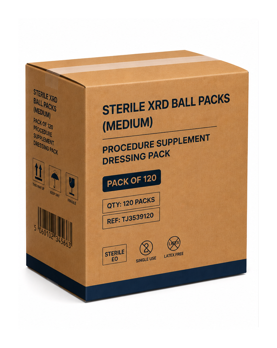 Sterile XRD ball packs medium size for wound care, packaged in a Vena Cava dressing pack with 120 sterile balls for medical procedures.