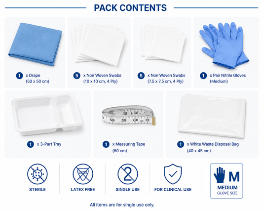 Sterile Vena Cava universal dressing packs with nitrile gloves, medium wound care and dressing kit for wound management.