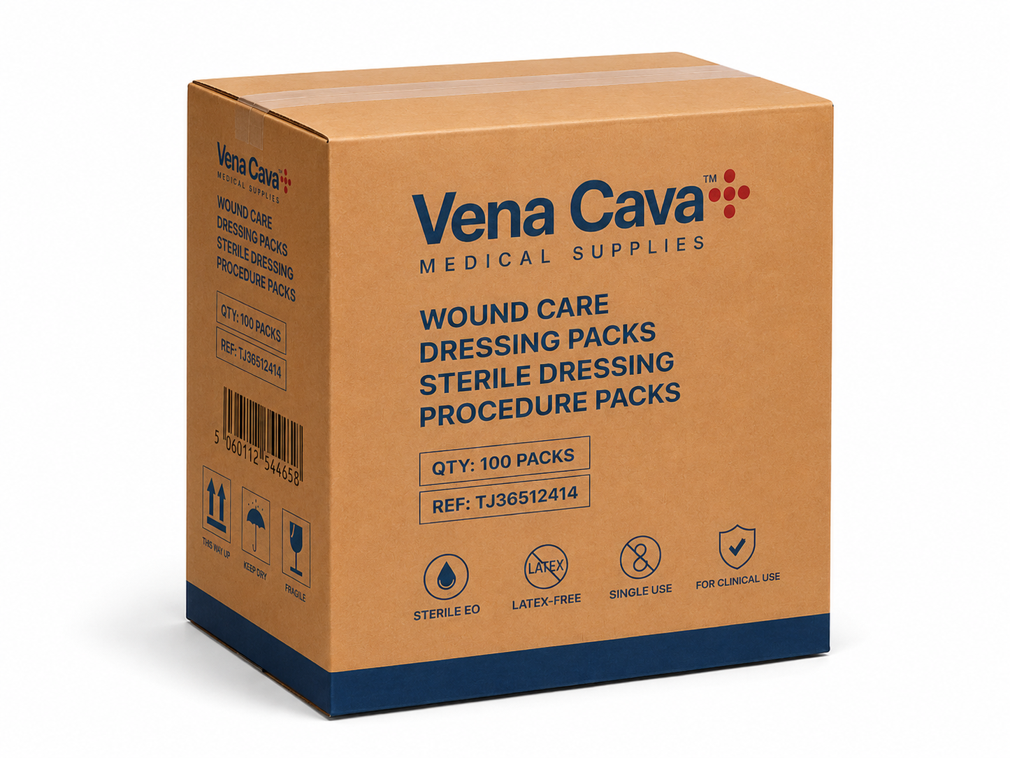 Vena Cava sterile wound care dressing packs with assorted dressings and supplies for wound management and dressing procedures.