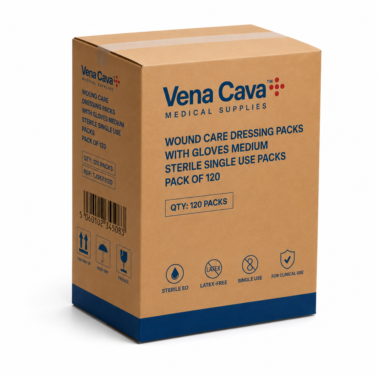 Vena Cava medium sterile wound care dressing packs with gloves, single-use packs, shown in a box with 120 packs for medical use.