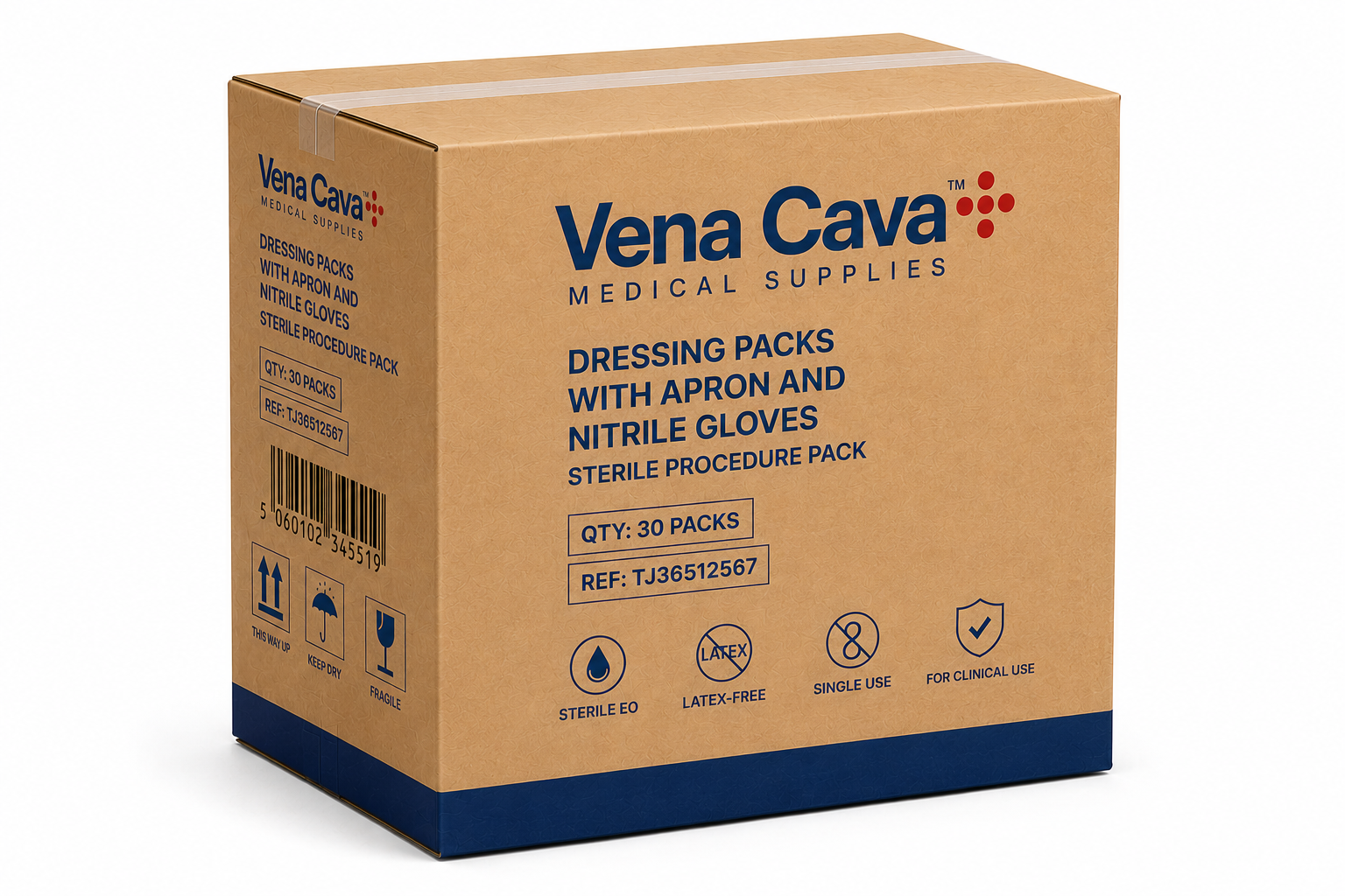 Vena Cava wound care dressing pack with sterile apron, nitrile gloves, and forceps for sterile wound dressing procedures.