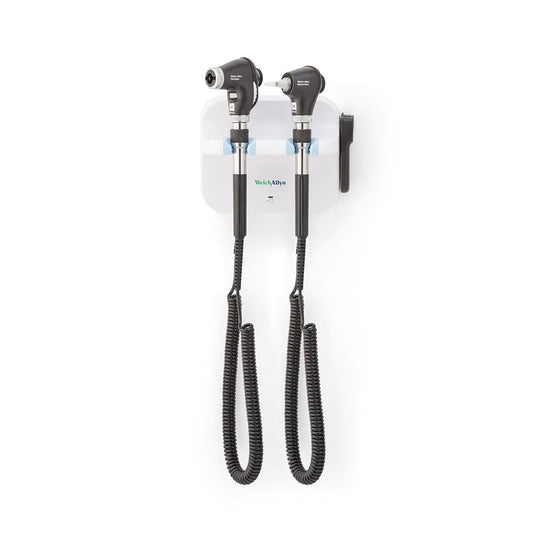 Welch Allyn 777 wall set with PanOptic ophthalmoscope and MacroView otoscope, mounted on wall for medical exam use.