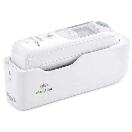 Welch Allyn Thermoscan Pro 6000 infrared thermometer with cradle for accurate forehead temperature measurement.