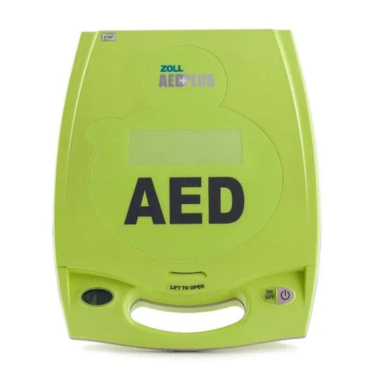 Front view of a green AED defibrillator with clear display and control buttons