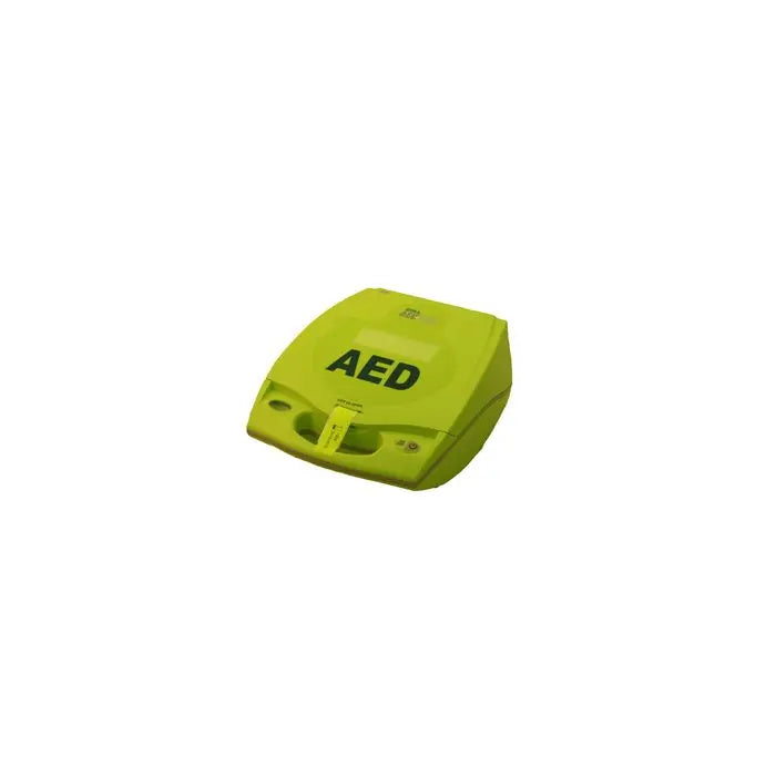 Yellow AED defibrillator device for emergency cardiac care on a white background